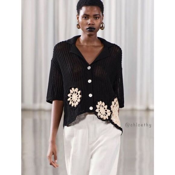 Zara Womens Button Front Asymmetric Crochet Knit‎ Polo Top Black Cream Large - Picture 1 of 12